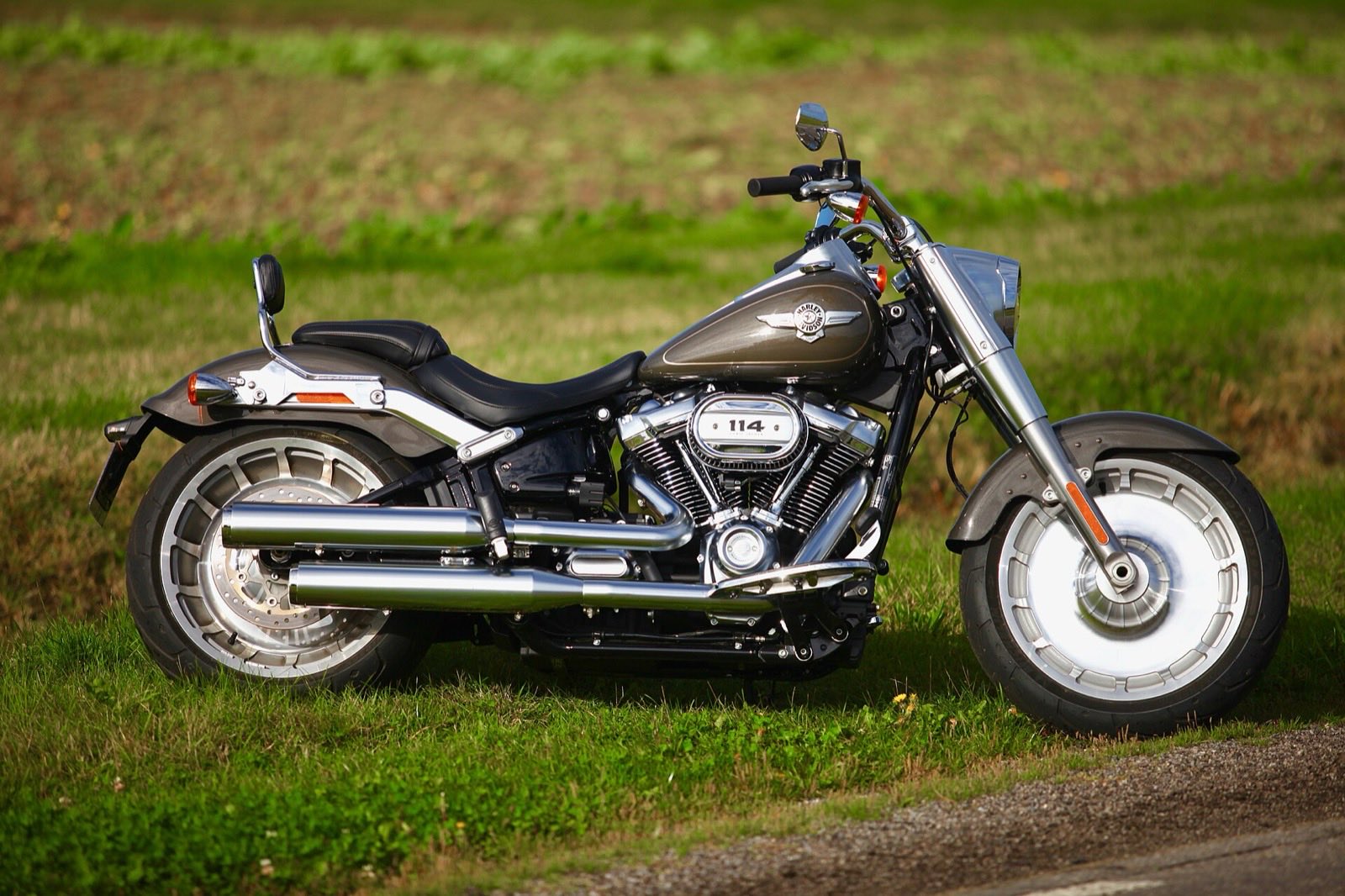 2018 Harley-Davidson Fat Boy 114 cruiser parked on grass beside a country road, seen in side profile.